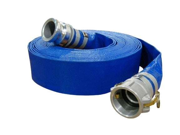 BLUE PVC LAY-FLAT WATER DISCHARGE HOSE W/ ALUM PART C X E FITTINGS BANDED