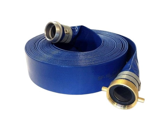 BLUE PVC LAY-FLAT WATER DISCHARGE HOSE W/ M X F PIN LUG FITTINGS BANDED