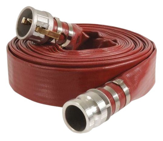 RED PVC LAY-FLAT WATER DISCHARGE HOSE W/ ALUM PART C X E FITTINGS BANDED