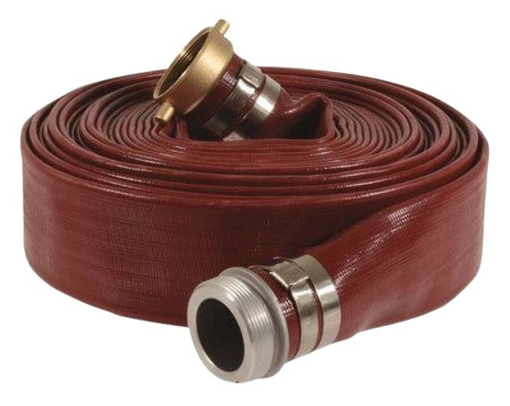 RED PVC LAY-FLAT WATER DISCHARGE HOSE W/ M X F PIN LUG FITTINGS BANDED